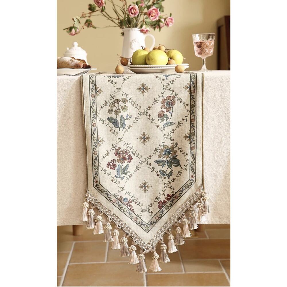 patdrea Designer Vintage Floral Linen Table Runner 87 Inch Long, Beige